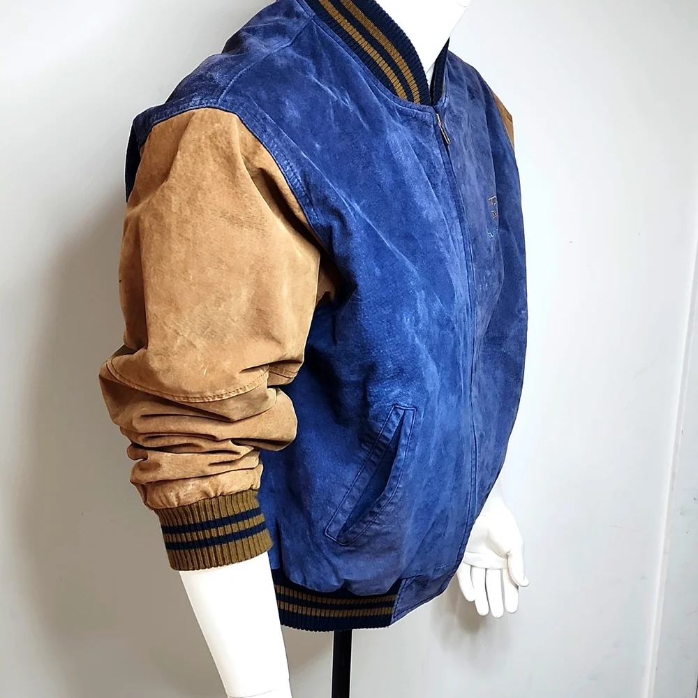 PORT AUTHORITY VINTAGE SUADE BOMBER LEATHER JACKET, LARGE, BLUE AND BROWN